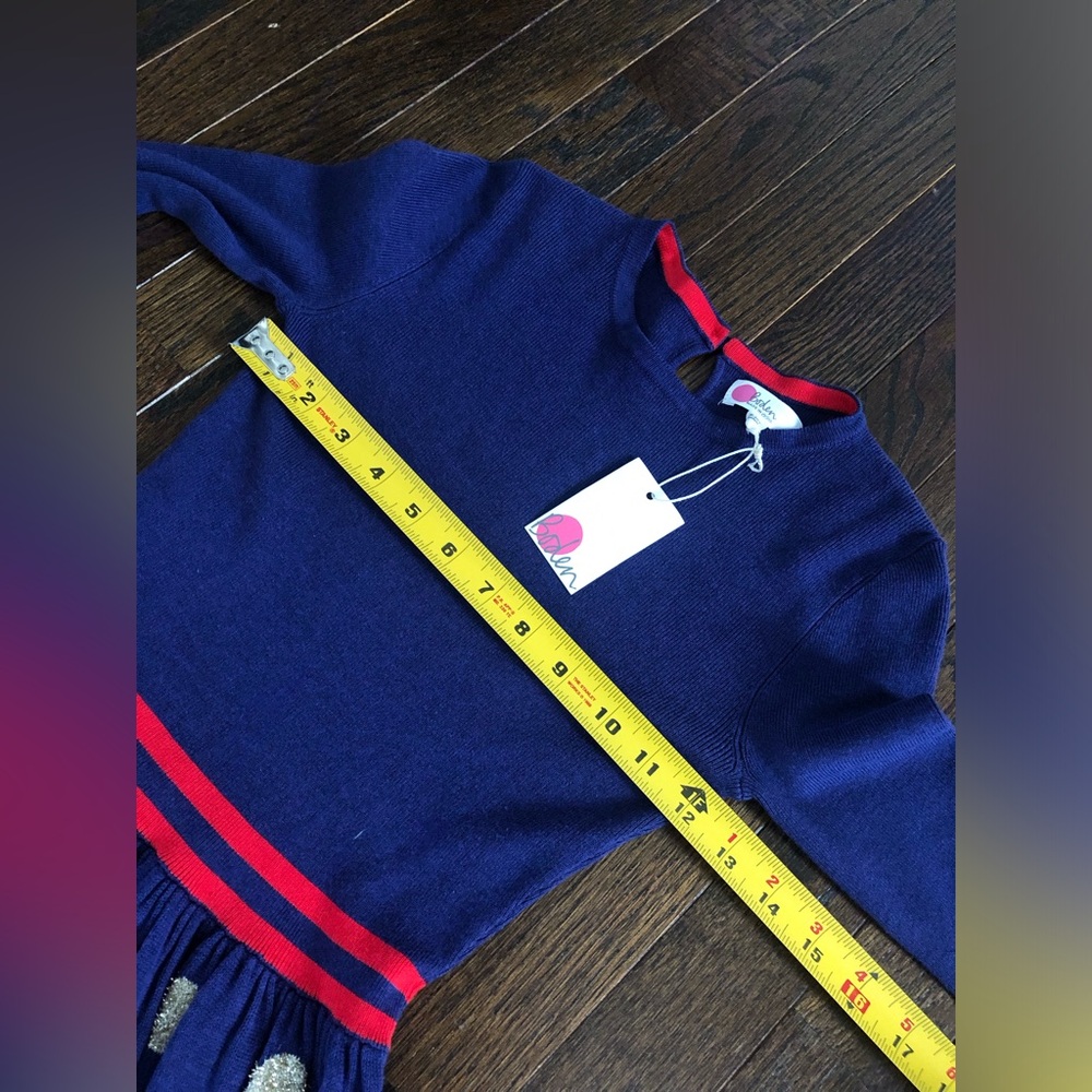Mini Boden Girls 9-10Y Navy/Red Long-Sleeved Ribbed Dress w/Gold Polka Dot Skirt - Picture 7 of 12